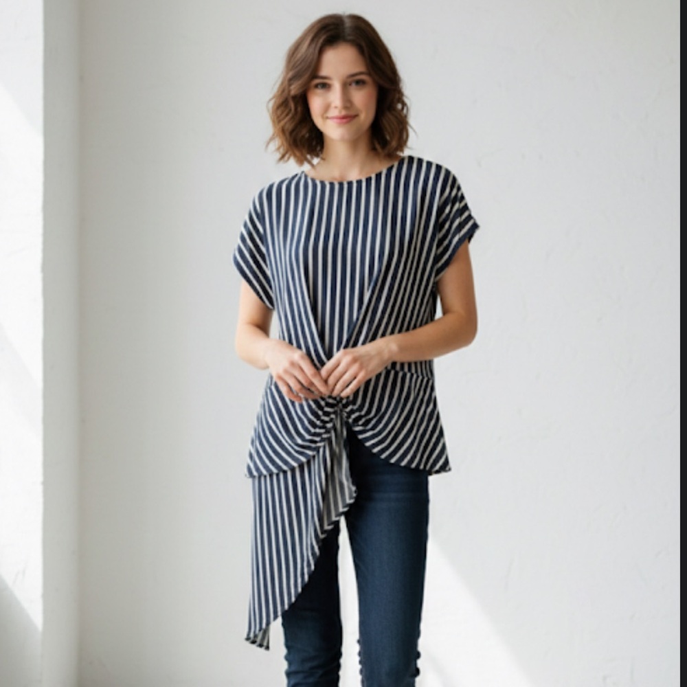 Gibson Latimer Like New Striped Twist Front Asymmetric Top Large Blue White